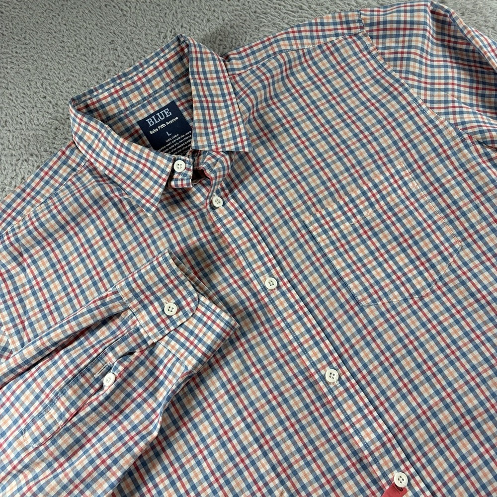 Blue Saks Fifth Avenue Shirt Mens Large Gingham Plaid Blue Red White Cotton